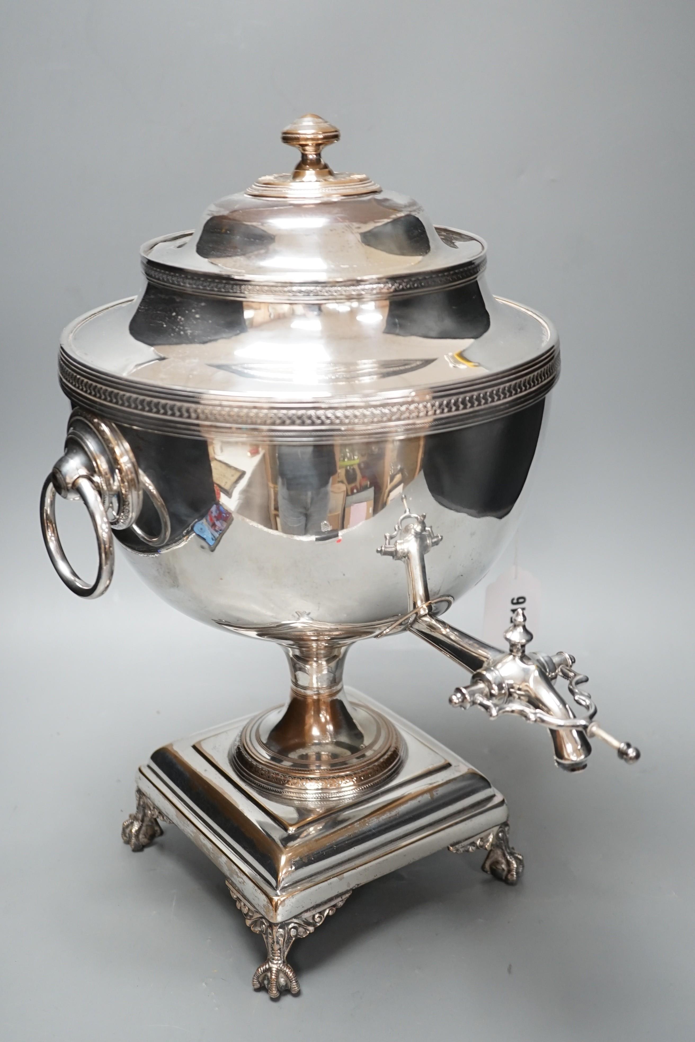 A 19th century silver plated tea urn, 43cms